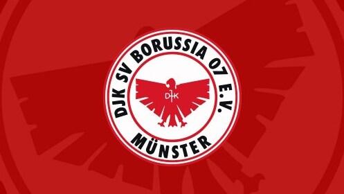 Logo des DJK SV Borussia 07 E.V. Münster, mit einer roten Adler-Silhouette auf weißem Hintergrund und rotem Rand.