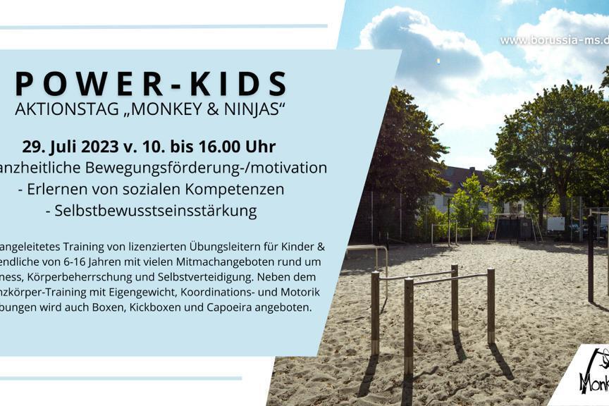 Aktionsplakat für "Power-Kids" mit Informationen zu einem Bewegungstag für Kinder im Freien, umgeben von Bäumen und Spielgeräten.
