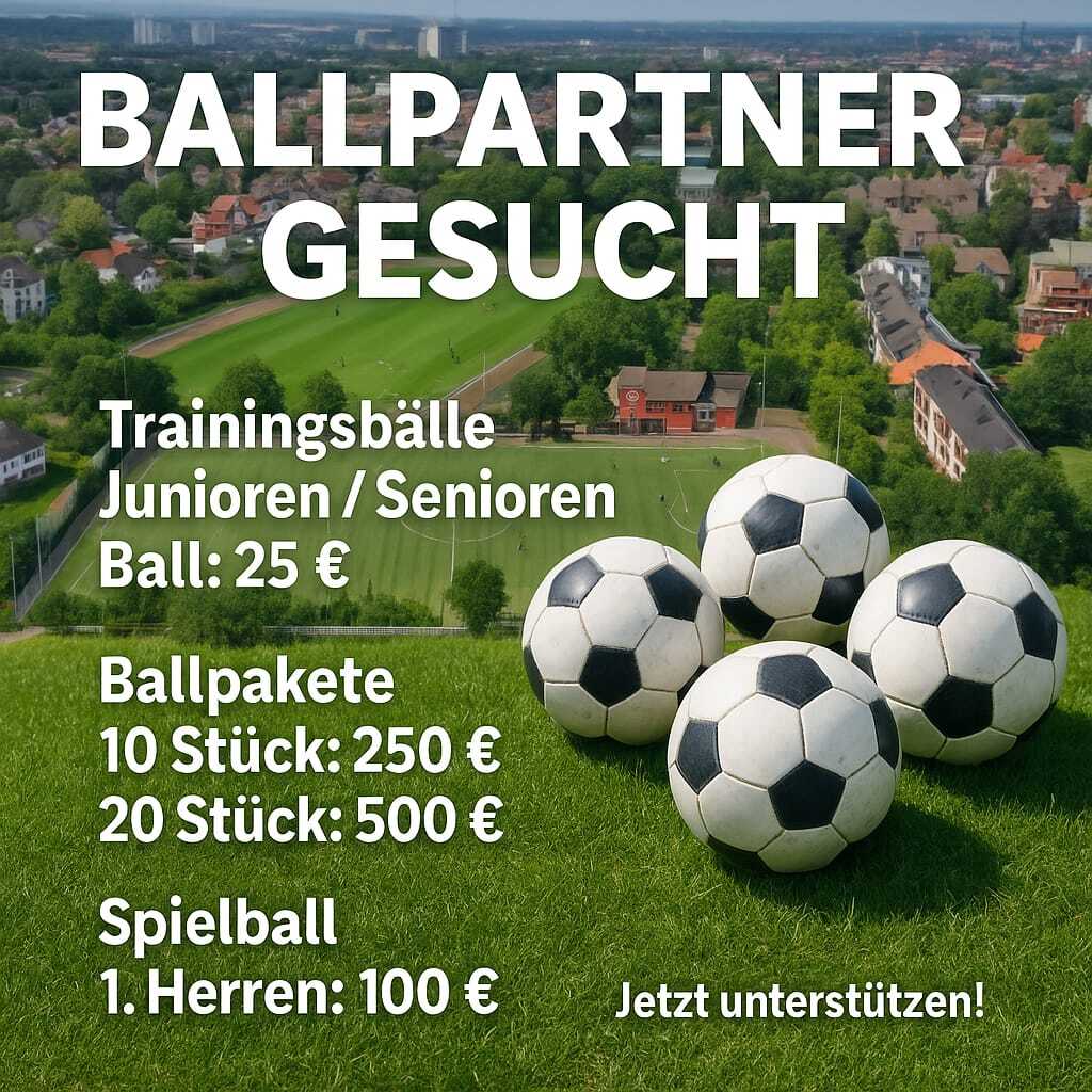 Angebot zur Suche von Ballpartnern; Preise für Trainingsbälle und Ballpakete auf einem Fußballfeld im Hintergrund.