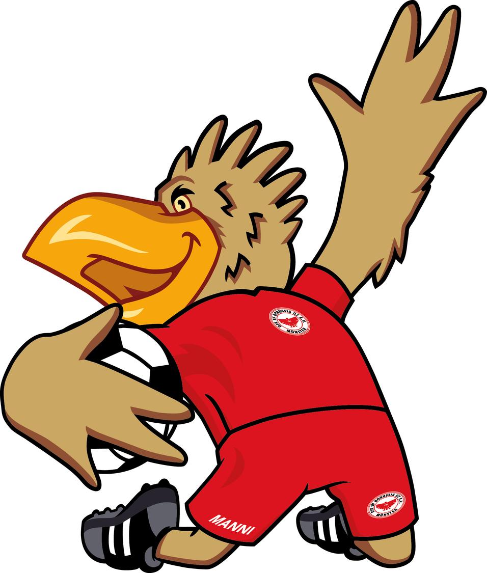 Cartoonartiger Vogel mit Fußball in rotem Trikot, der zum Schuss ansetzt, auf einem weißen Hintergrund.