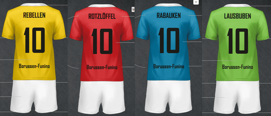 Vier Fußballtrikots in Gelb, Rot, Blau und Grün mit der Aufschrift „10“ und „Borussen-Funino“ auf der Rückseite.