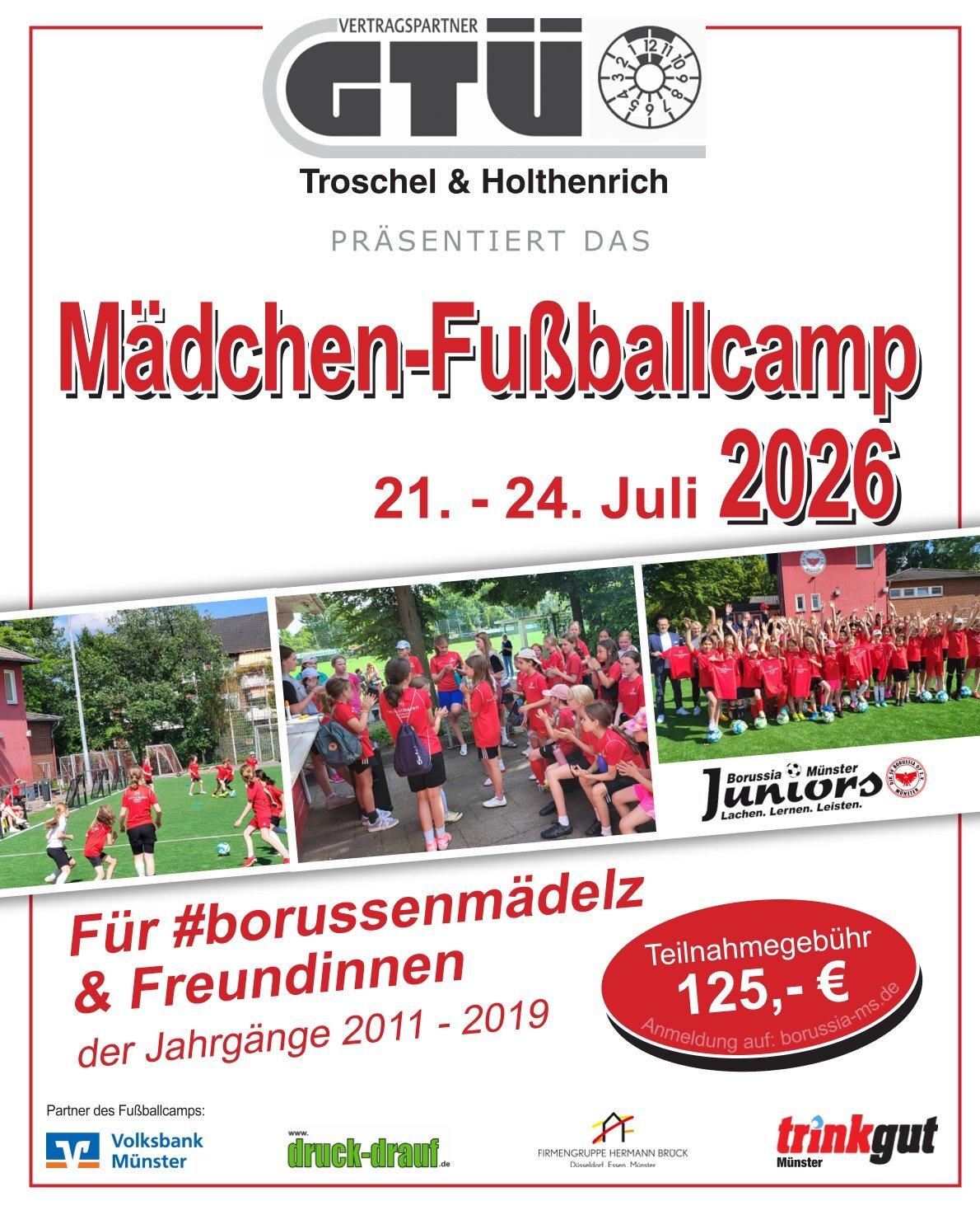 Plakat für das Mädchen-Fußballcamp 2026 mit Termindaten, Anmeldungsinformationen und Sponsorenlogos.