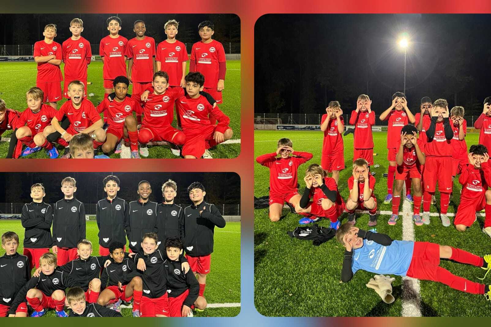 Drei Gruppenbilder von einer Fußballmannschaft in roten Trikots, posierend auf einem beleuchteten Platz.