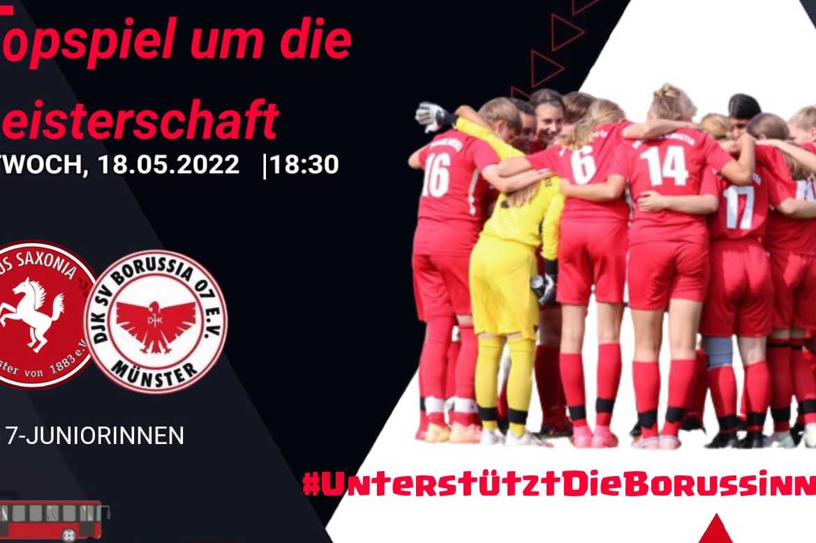 Plakat für ein U17-Fußballspiel zwischen FUS Sachsen und Borussia Münster mit spielenden Mädchen in roten Trikots.