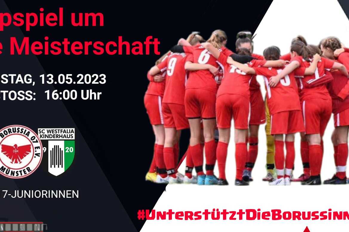 Mannschaft von Mädchen in roten Trikots umarmt sich, während ein Spiel um die Meisterschaft angekündigt wird.