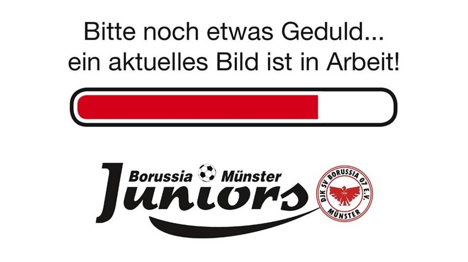 Ladebalken mit der Aufschrift „Bitte noch etwas Geduld... ein aktuelles Bild ist in Arbeit!“ und Logo von Borussia Münster Juniors.
