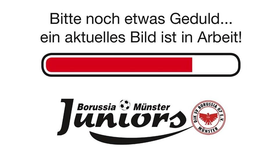 Ladebalken mit der Aufschrift „Bitte noch etwas Geduld... ein aktuelles Bild ist in Arbeit!“ und Logo von Borussia Münster Juniors.