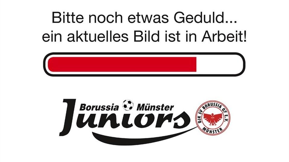 Ladebalken mit der Aufschrift „Bitte noch etwas Geduld... ein aktuelles Bild ist in Arbeit!“ und Logo von Borussia Münster Juniors.