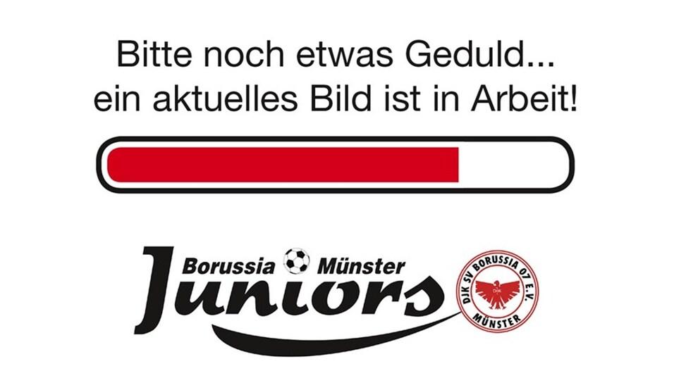 Ladebalken mit der Aufschrift „Bitte noch etwas Geduld... ein aktuelles Bild ist in Arbeit!“ und Logo von Borussia Münster Juniors.