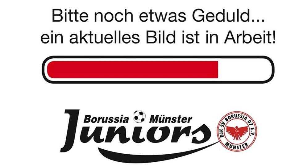 Ladebalken mit der Aufschrift „Bitte noch etwas Geduld... ein aktuelles Bild ist in Arbeit!“ und Logo von Borussia Münster Juniors.