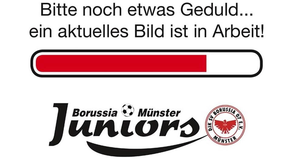 Ladebalken mit der Aufschrift „Bitte noch etwas Geduld... ein aktuelles Bild ist in Arbeit!“ und Logo von Borussia Münster Juniors.