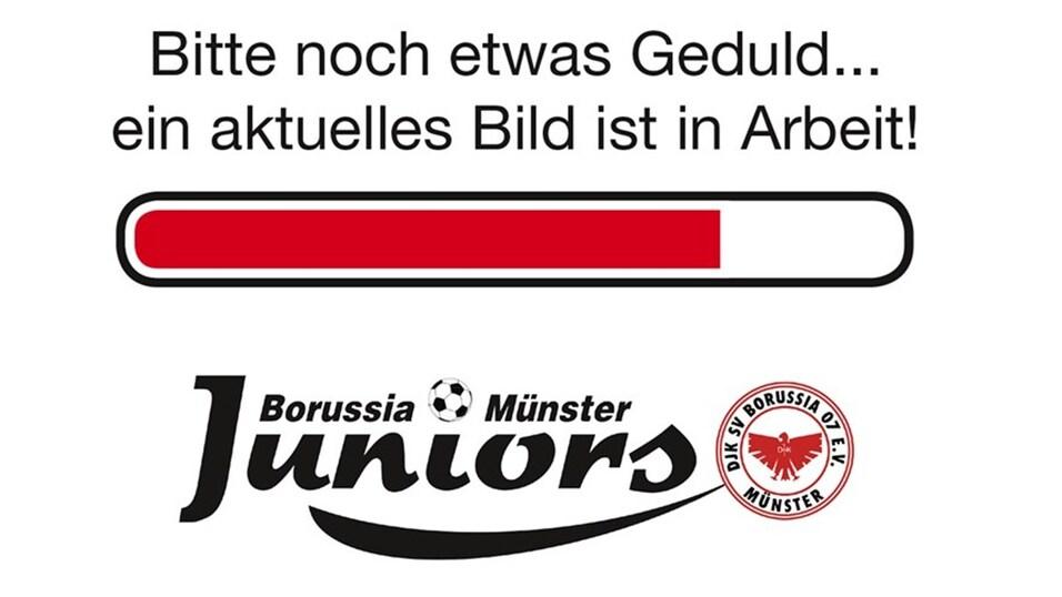 Ladebalken mit der Aufschrift „Bitte noch etwas Geduld... ein aktuelles Bild ist in Arbeit!“ und Logo von Borussia Münster Juniors.