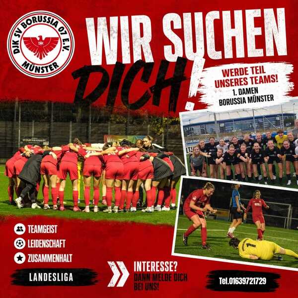 Plakat mit dem Text „Wir suchen dich! Werde Teil unseres Teams!“ und Bildern von Fußballspielerinnen in Aktion.