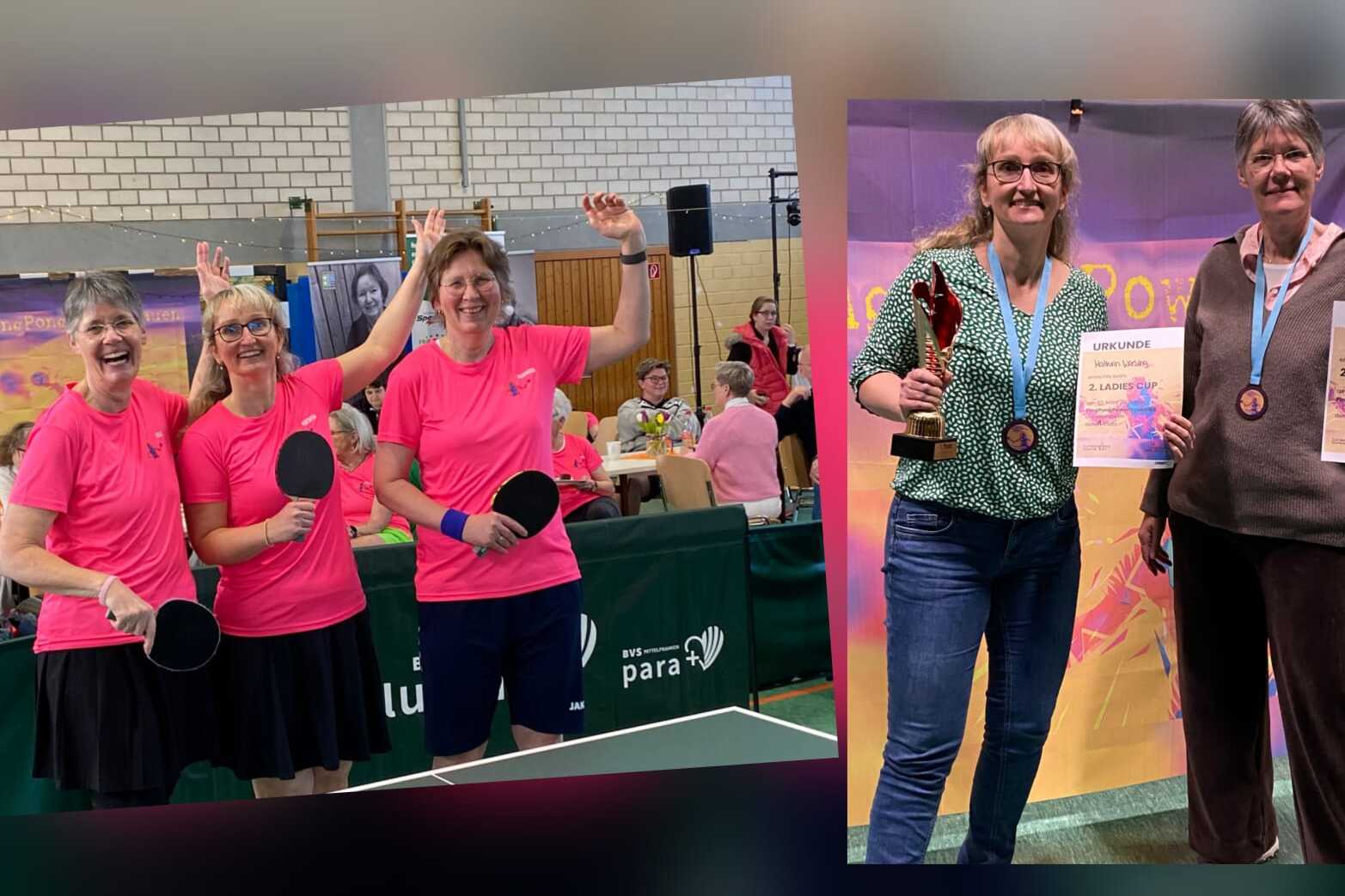Zwei Bilder einer Tischtennisveranstaltung: Frauen im pinken Shirt feiern auf der linken Seite, Gewinnerin mit Medaille rechts.