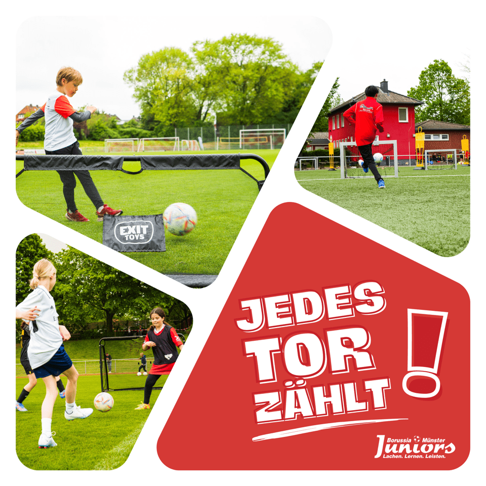 Fussballtraining auf einem Platz: Kinder dribbeln und schießen Bälle, umgeben von Toren und grüner Landschaft.
