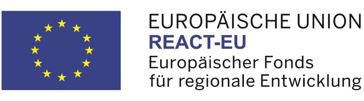 Logo der Europäischen Union: Sterne auf blauer Fläche mit Text zu REACT-EU und dem Europäischen Fonds für regionale Entwicklung.