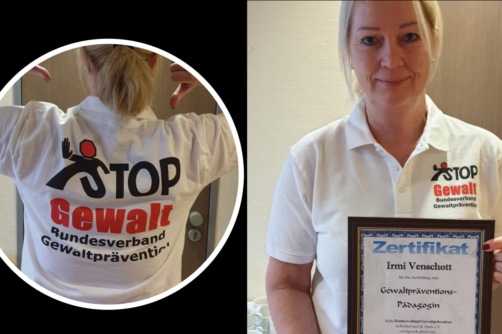 Frau hält ein Zertifikat in der Hand, trägt ein T-Shirt mit „STOP Gewalt“ und zeigt auf den Rücken ihres Shirts.