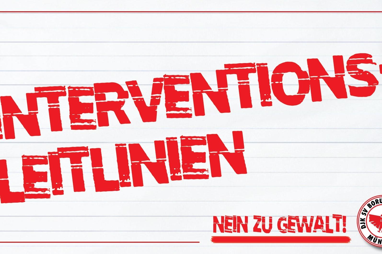 Rotes Poster mit dem Text „INTERVENTIONS-LEITLINIEN“ und „NEIN ZU GEWALT!“ auf weißem Hintergrund.