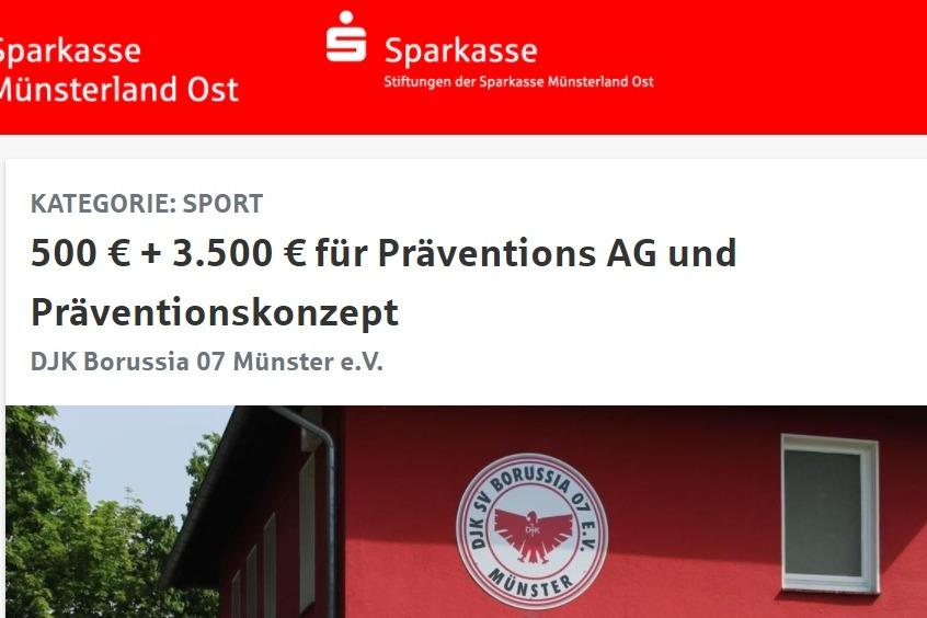 Logo der DJK Borussia 07 Münster e.V. und Informationen zu Fördergeldern für Präventionsprojekte auf rotem Hintergrund.