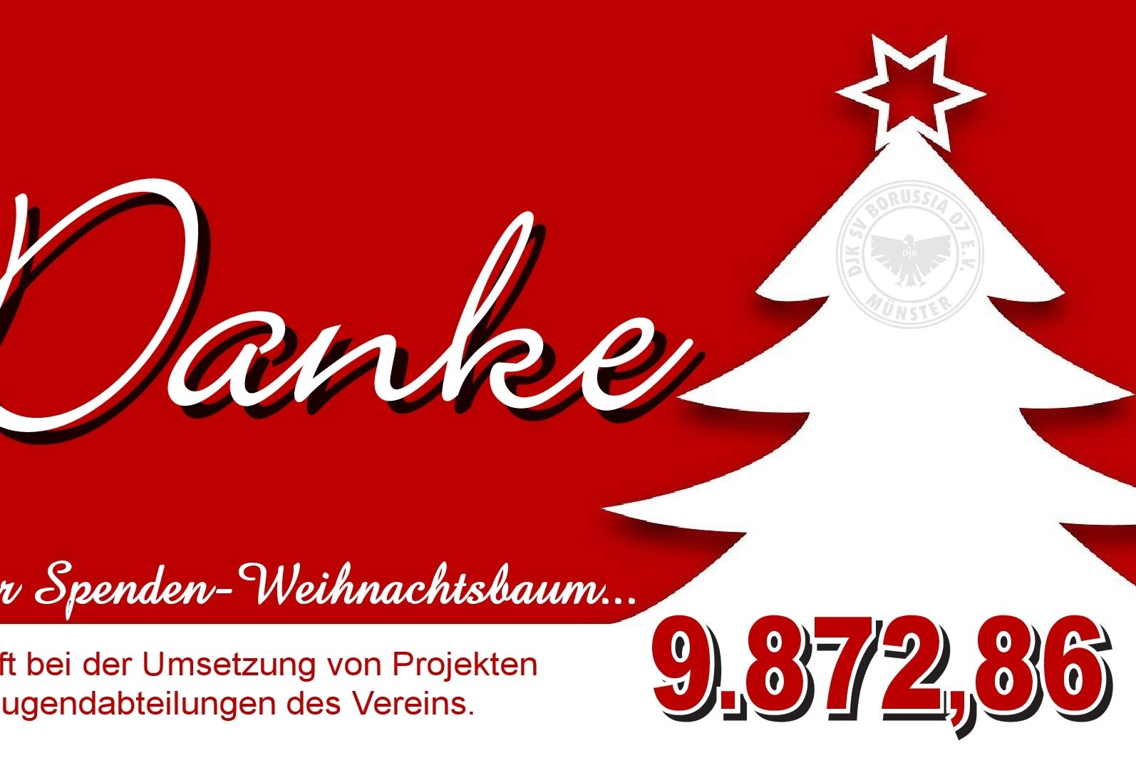 Rote Hintergrundgrafik mit einem Weihnachtsbaum, der den Dank für 9.872,86 € für Vereinsprojekte zeigt.