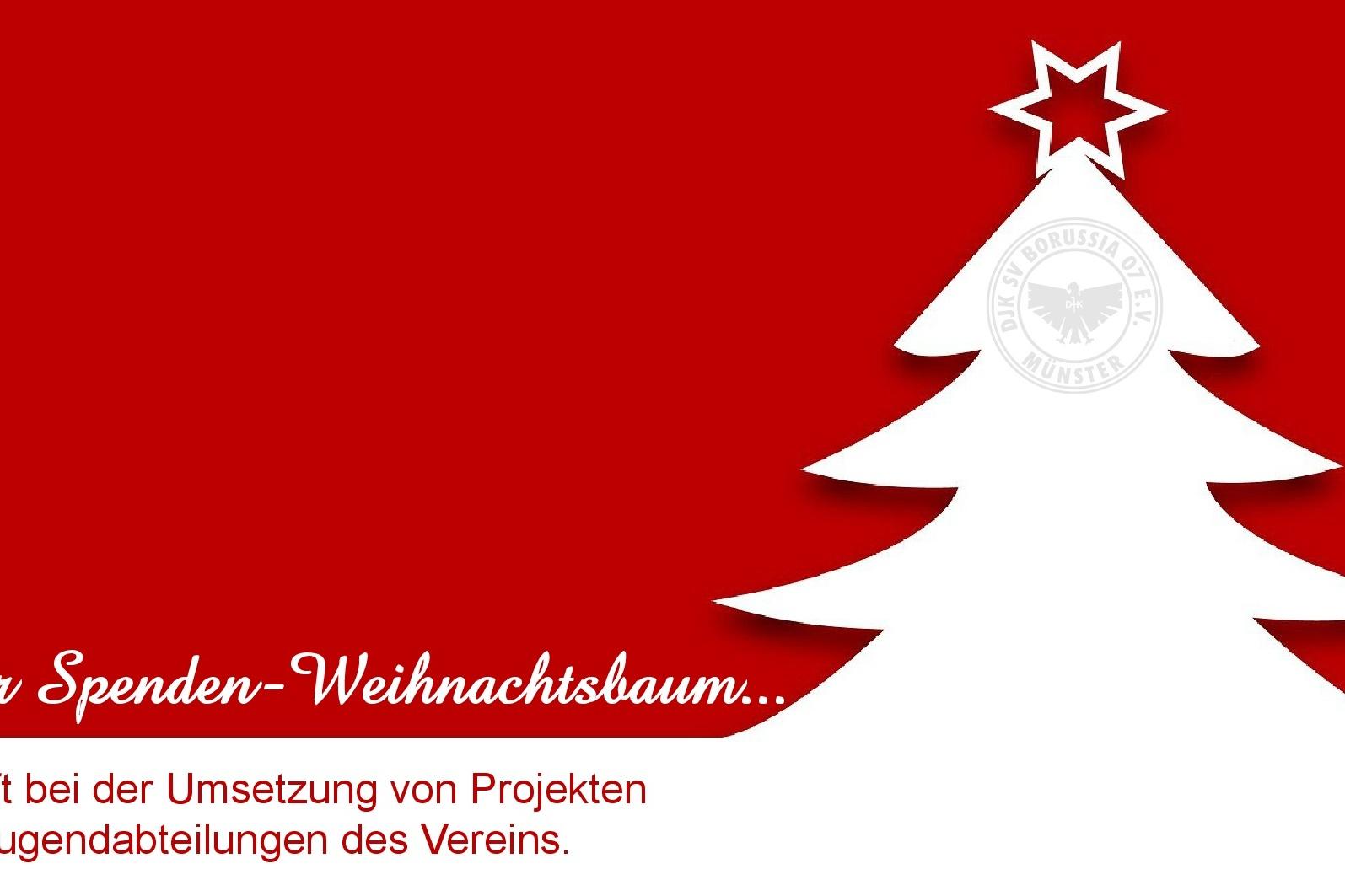 Weihnachtsbaum-Silhouette auf rotem Hintergrund mit Text über den Spenden-Weihnachtsbaum für Jugendprojekte.