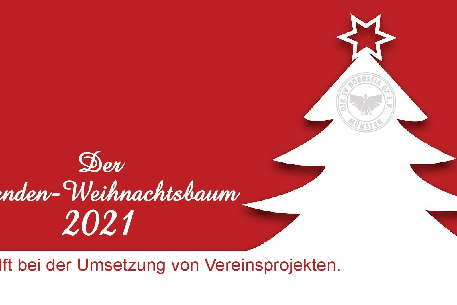 Weihnachtlicher Hintergrund in Rot mit weißem Weihnachtsbaum und Text über den Spenden-Weihnachtsbaum 2021.