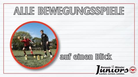 Zwei Kinder spielen mit einem Ball in einem Trainingsfeld, umgeben von gelben Hütchen. Text: „ALLE BEWEGUNGSSPIELE auf einen Blick“.