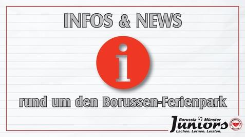 Info und News über den Borussen-Ferienpark auf einem linierte Hintergrund mit Logo von Borussia Münster Juniors.