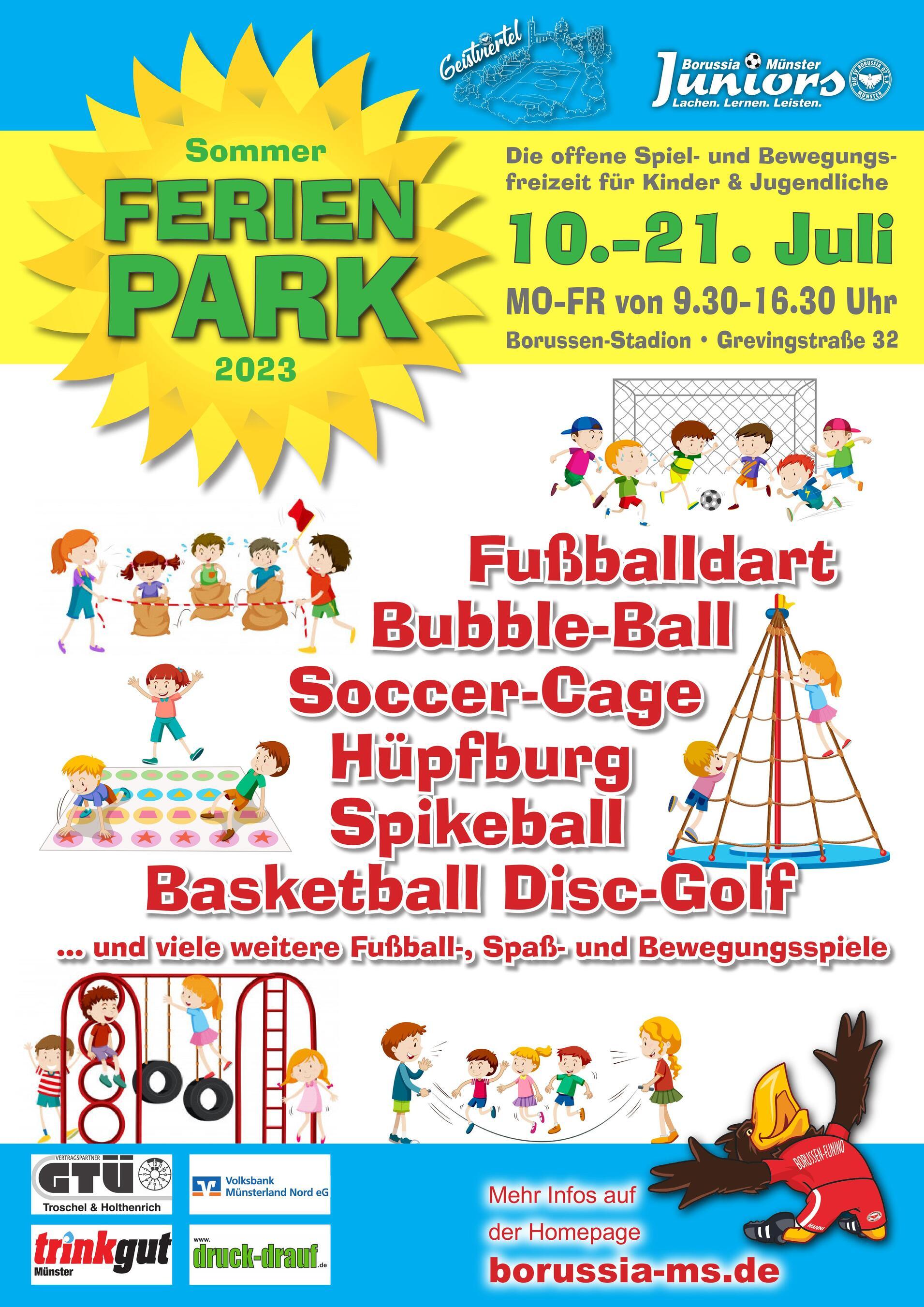 Bunt gestaltetes Plakat für den Sommerferienpark 2023 mit Spielangeboten für Kinder, Datum und Kontaktdaten.