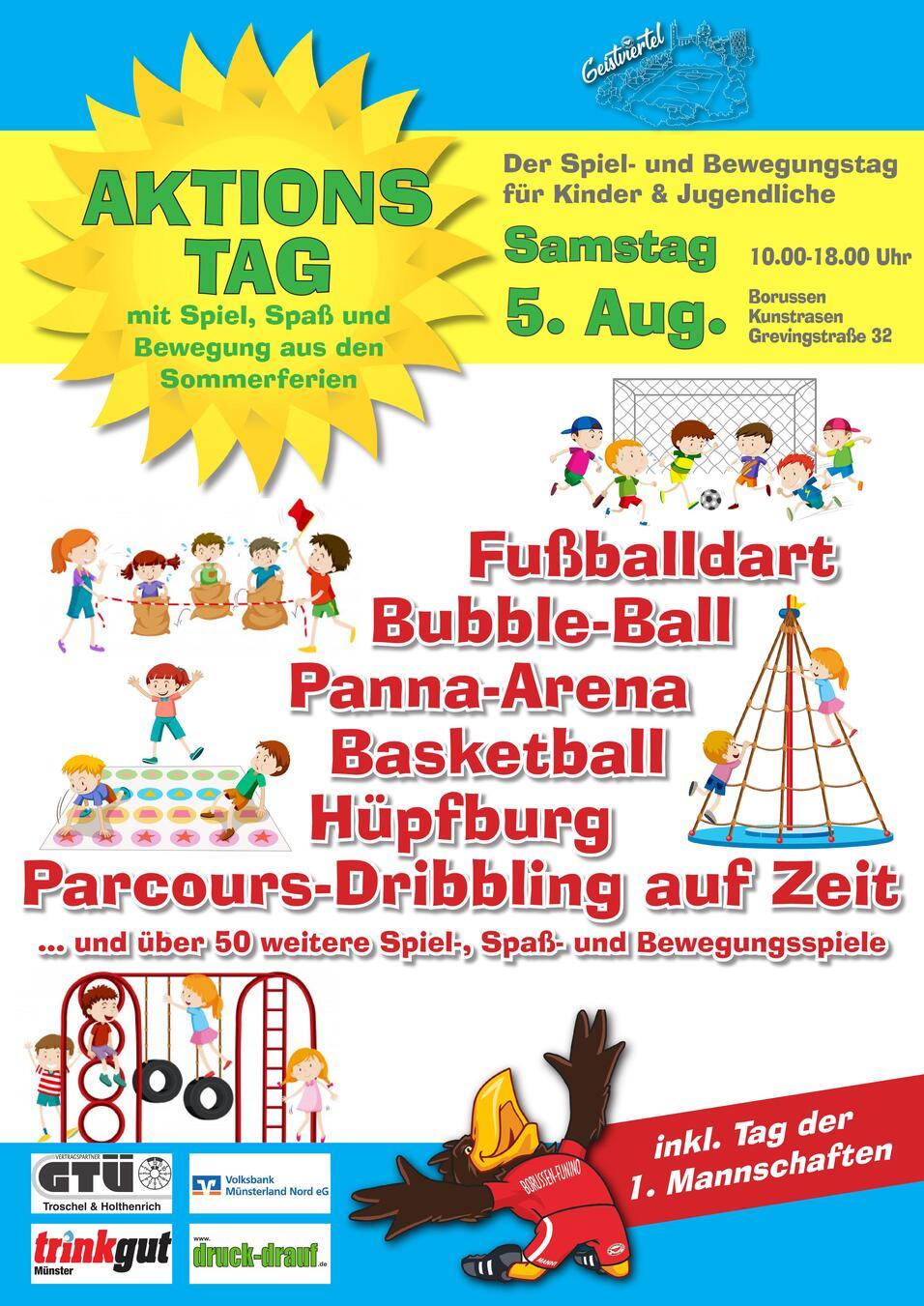 Buntes Plakat für einen Aktionstag mit verschiedenen Spielen, Termindetails und Aktivitäten für Kinder und Jugendliche.