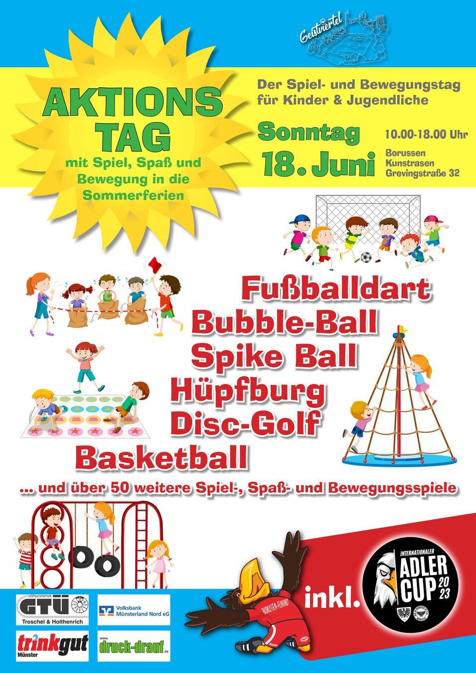 Plakat für einen Aktionstag mit Spiel- und Bewegungsangeboten für Kinder am 18. Juni, inklusive verschiedenen Aktivitäten.