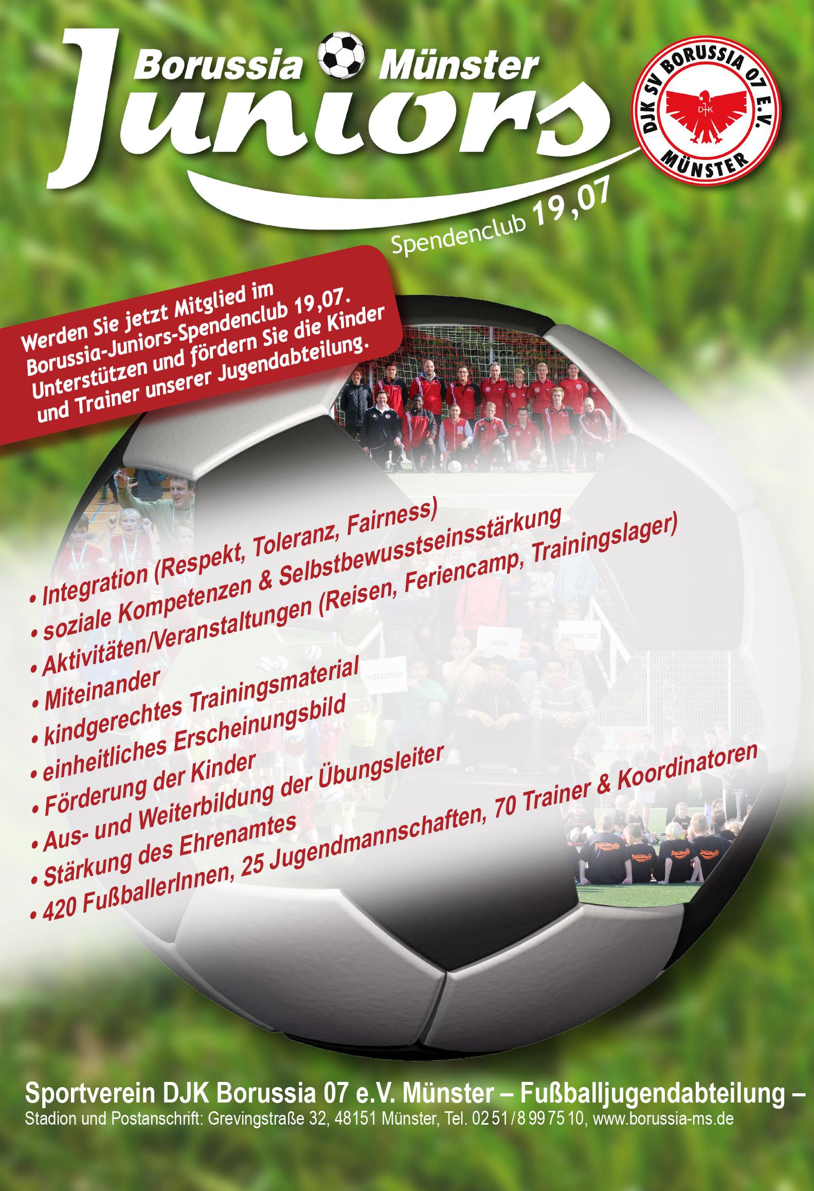 Plakat von Borussia Münster Juniors mit Informationen zu Mitgliedschaft, Integration und Förderangeboten für Kinder.