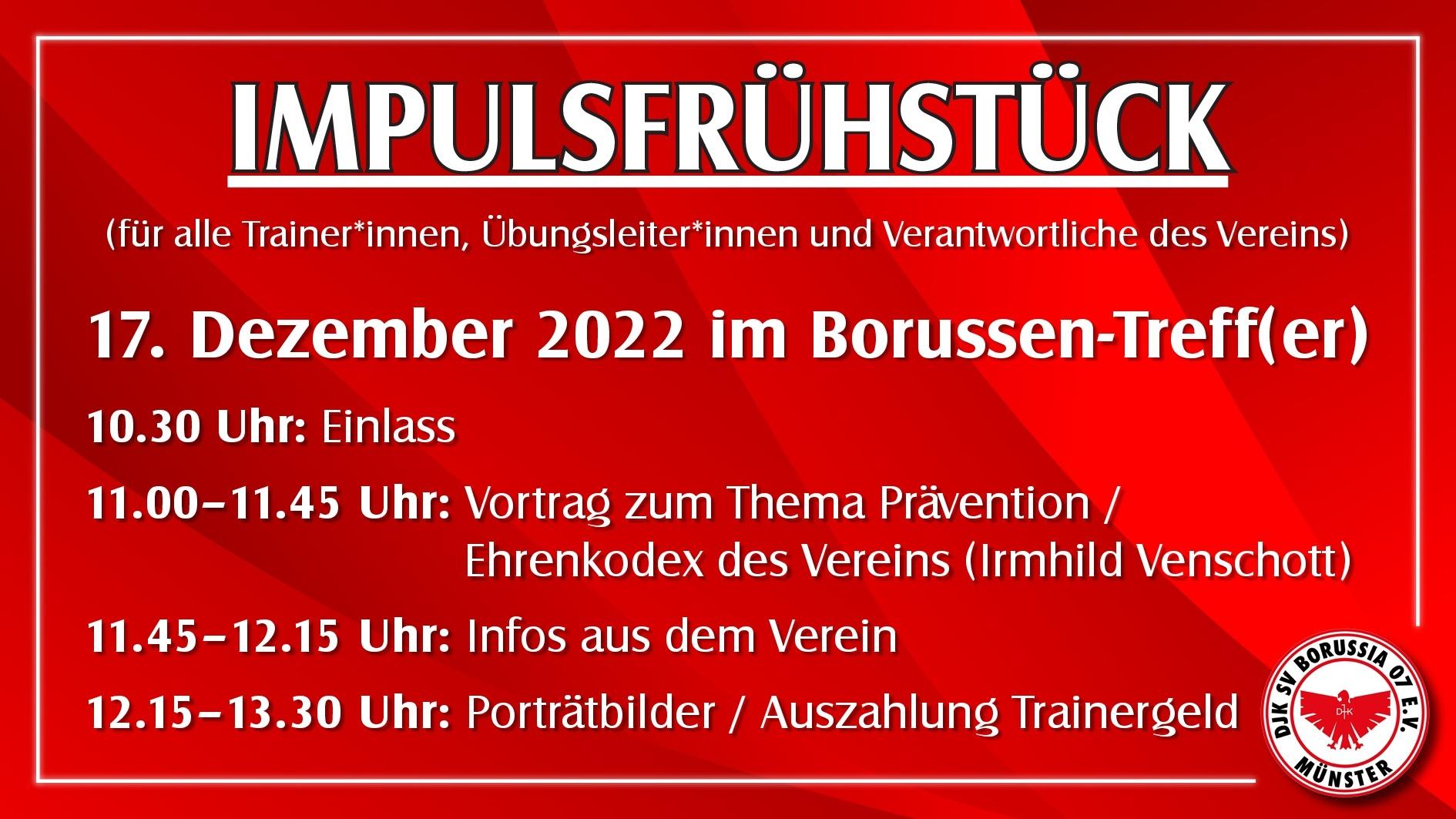Ein rotes Plakat mit dem Titel „IMPULSFRÜHSTÜCK“ und Informationen zu einem Vereinsmeeting am 17. Dezember 2022.