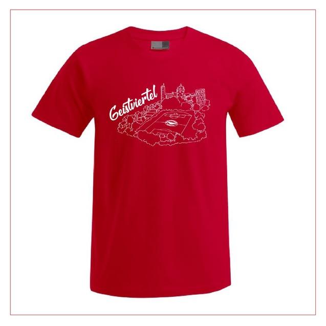 Rotes T-Shirt mit weißem grafischen Druck eines Stadions und der Aufschrift „Gestviertel“.