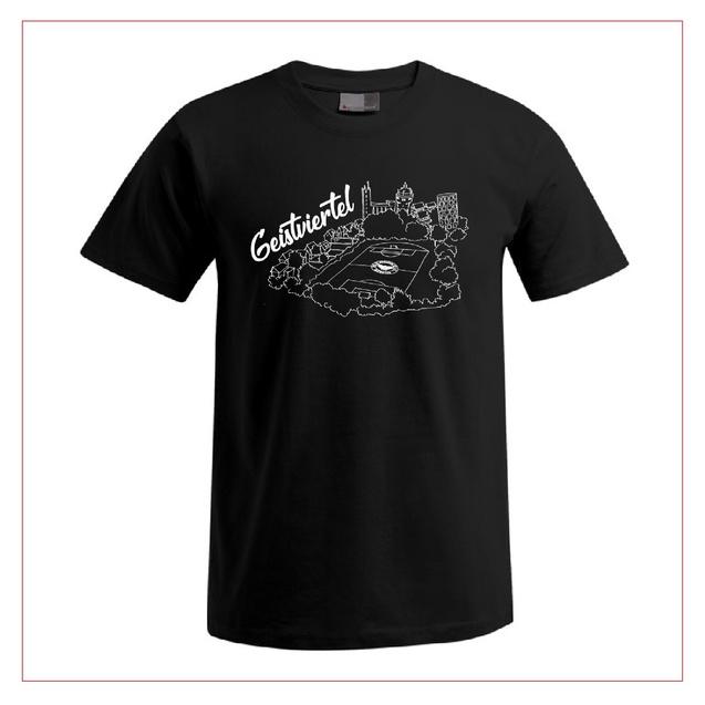 Schwarzes T-Shirt mit weißem Druck einer stilisierten Stadtlandschaft und dem Text „Gestiviert“.