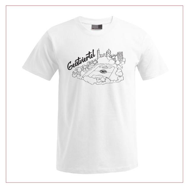 Weißes T-Shirt mit schwarzem, skizzenhaftem Aufdruck eines Platzes und dem Schriftzug „Geistviertel“.
