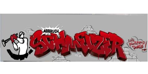 Graffiti mit dem Schriftzug „Abbruch Schweizer“ und einer Figur mit Hammer auf grauem Hintergrund.