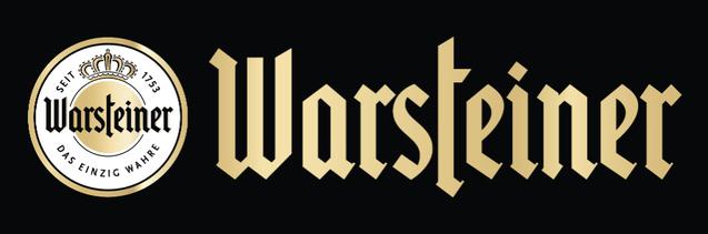 Logo der Marke Warsteiner mit einem goldenen Schriftzug auf schwarzem Hintergrund und einem kreisförmigen Emblem oben.