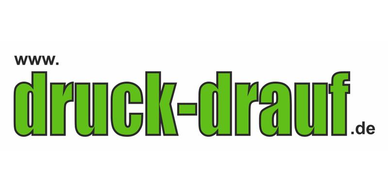 Logo von druck-drauf.de mit grünem Text auf weißem Hintergrund. Die Website bietet Druckdienstleistungen an.