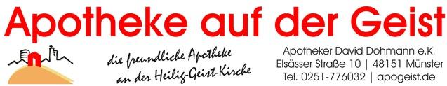 Logo der Apotheke auf der Geist mit Adresse, Kontaktinformationen und Slogan unter rot-weißer Überschrift.