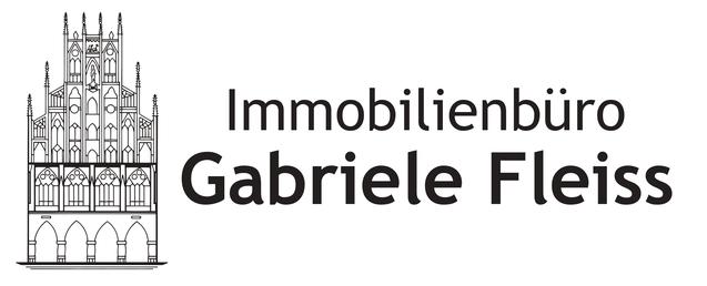Logo eines Immobilienbüros mit einer zeichnerischen Darstellung eines Gebäudes und dem Schriftzug „Gabriela Fleiss“.