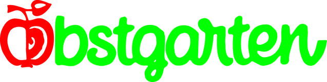 Logo mit rotem Apfel-Icon und dem Schriftzug „Obstgarten“ in grüner, verspielter Schrift.