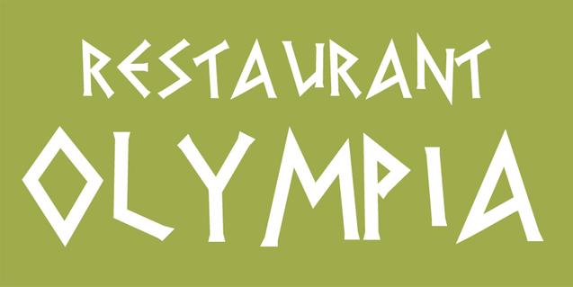 Logo des Restaurants "Olympia" mit markantem, verspieltem Schriftzug auf grünem Hintergrund.