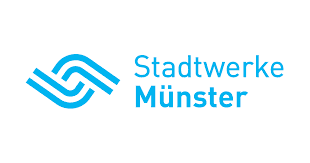 Logo der Stadtwerke Münster in blau auf weißem Hintergrund, bestehend aus stilisierten Wellen und dem Schriftzug „Stadtwerke Münster“.