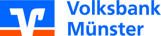 Logo der Volksbank Münster mit blauer Schrift und stilisiertem V in Blau und Weiß auf einem roten Streifen.