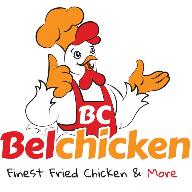 Logo von Belchicken: Ein lächelnder Kochhahn mit rotem Hut und Schürze, der Daumen hoch zeigt. Schriftzug „Belchicken“.