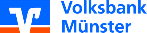 Logo der Volksbank Münster mit blauer Schrift und stilisiertem V in Blau und Weiß auf einem roten Streifen.