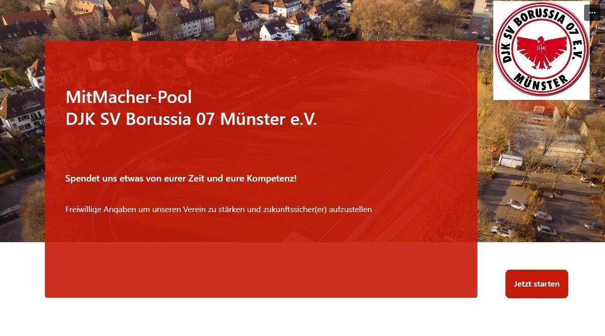 Webseite des DJK SV Borussia 07 Münster e.V. mit Aufruf zur Zeit- und Kompetenzspende auf rotem Hintergrund.