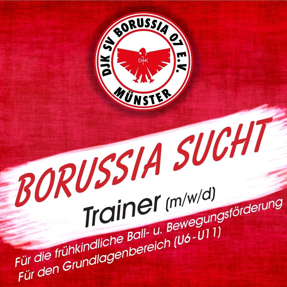 Rot-weißer Flyer mit der Aufschrift „BORUSSIA SUCHT Trainer (m/w/d) für die frühkindliche Ball- und Bewegungsförderung.“