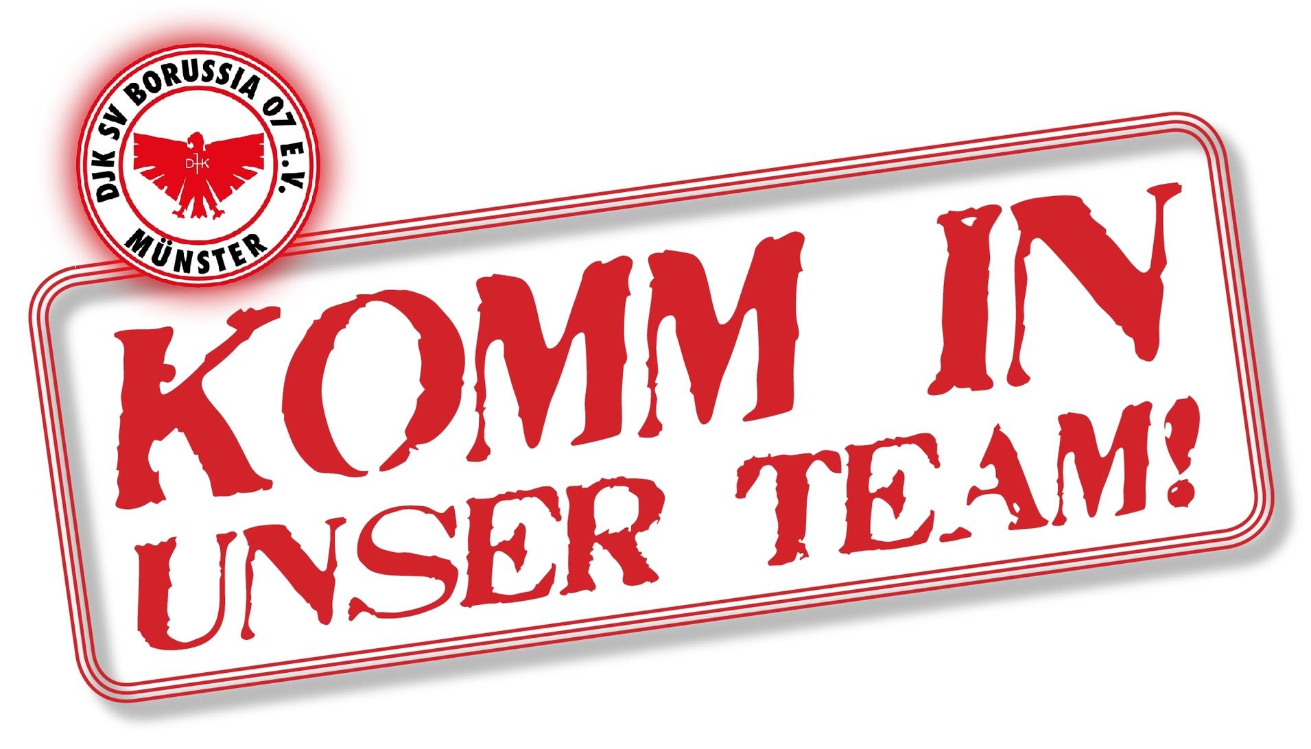 Logo der DJK SV Borussia 01 e.V. Münster mit dem Text „Komm in unser Team!“ in roter Schrift auf weißem Hintergrund.